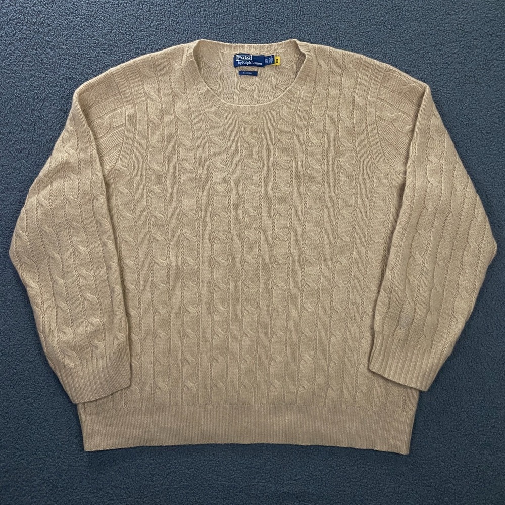 Polo Ralph Lauren The Iconic Cable Knit Cashmere Sweater Mens 2XL Tan Beige Crew